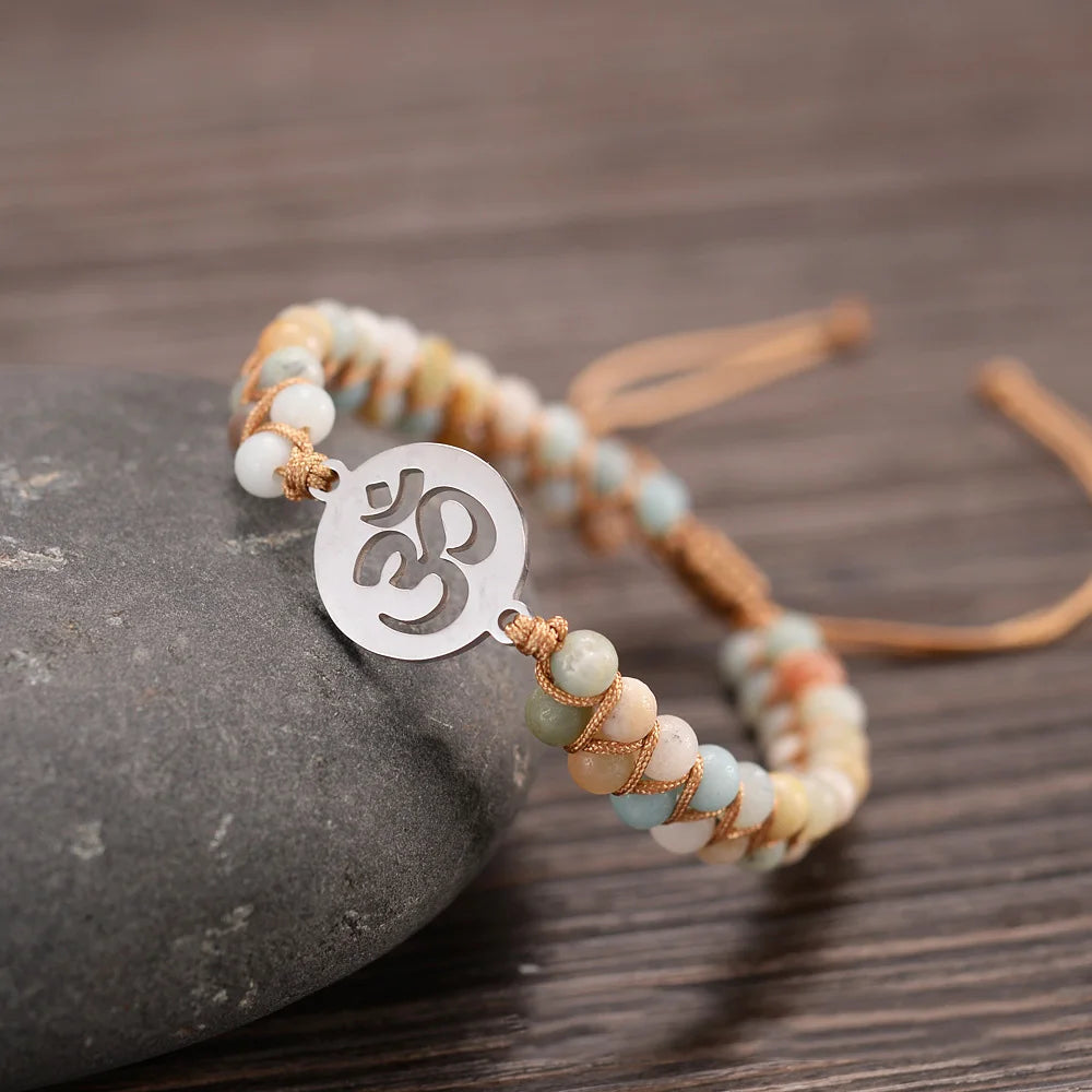 New OM Meditation Charm Bracelets Semi Precious Stone Gold Tone Reiki Symbol Bracelets Spiritual Energy Yoga Friendship Bracelet