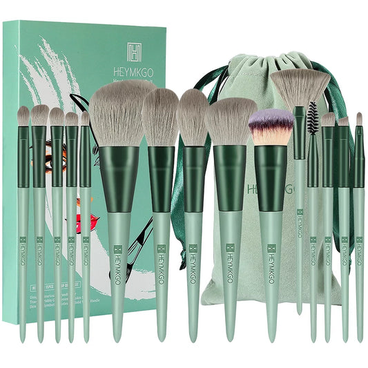 Makeup Brushes 15Pcs Makeup Brush Set Premium Synthetic Bristles Green Color Conical Handle Kabuki Foundation Brush Face Lip Eye Makeup Sets Professional with Portable Drawstring Flannel Bag