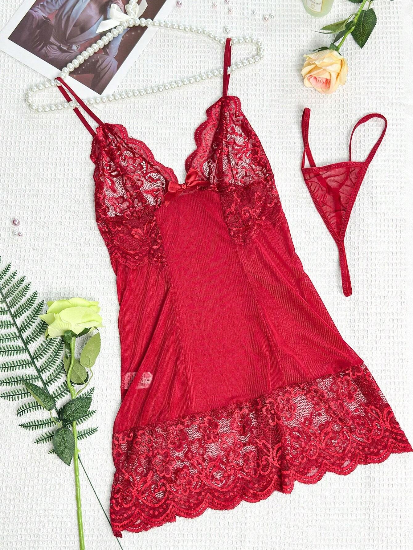 2Pcs Women Sexy Red Hollow Out Perspective Printed Lace Cami Dress and Triangle Panties Set