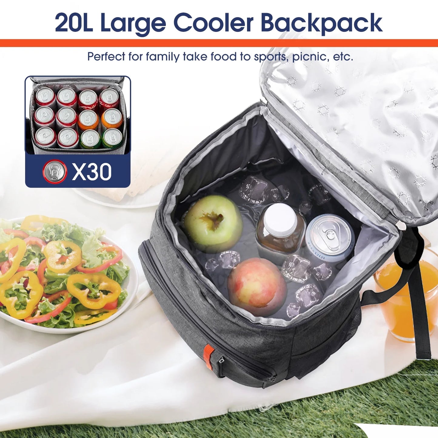 30 Can Cooler Backpack, Soft Sided Cooler Bag, Insulated Leak Proof Waterproof Cooler Bag, Portable Lightweight Lunch Cooler Bag for Travel Beach Camping Office, Gray