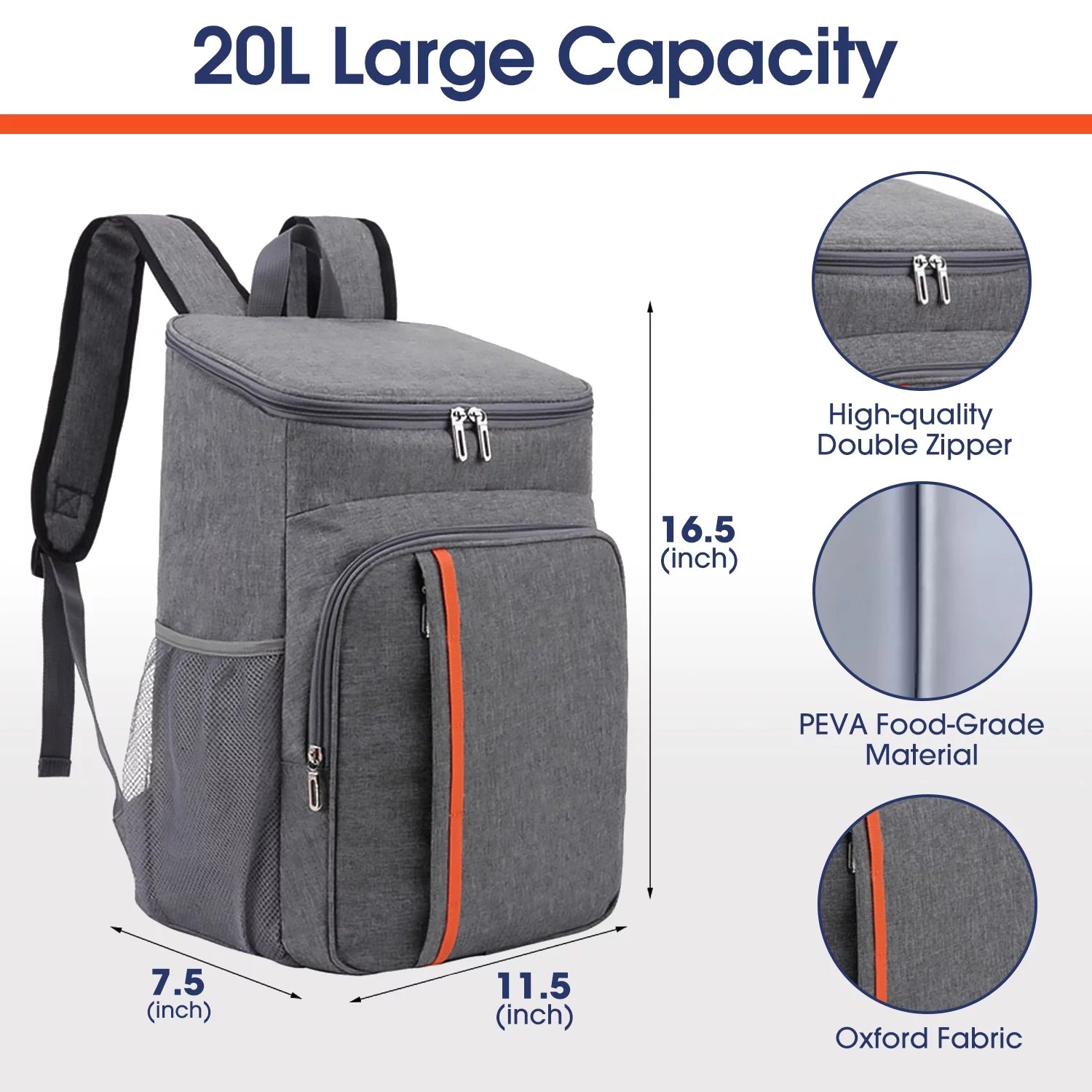 30 Can Cooler Backpack, Soft Sided Cooler Bag, Insulated Leak Proof Waterproof Cooler Bag, Portable Lightweight Lunch Cooler Bag for Travel Beach Camping Office, Gray