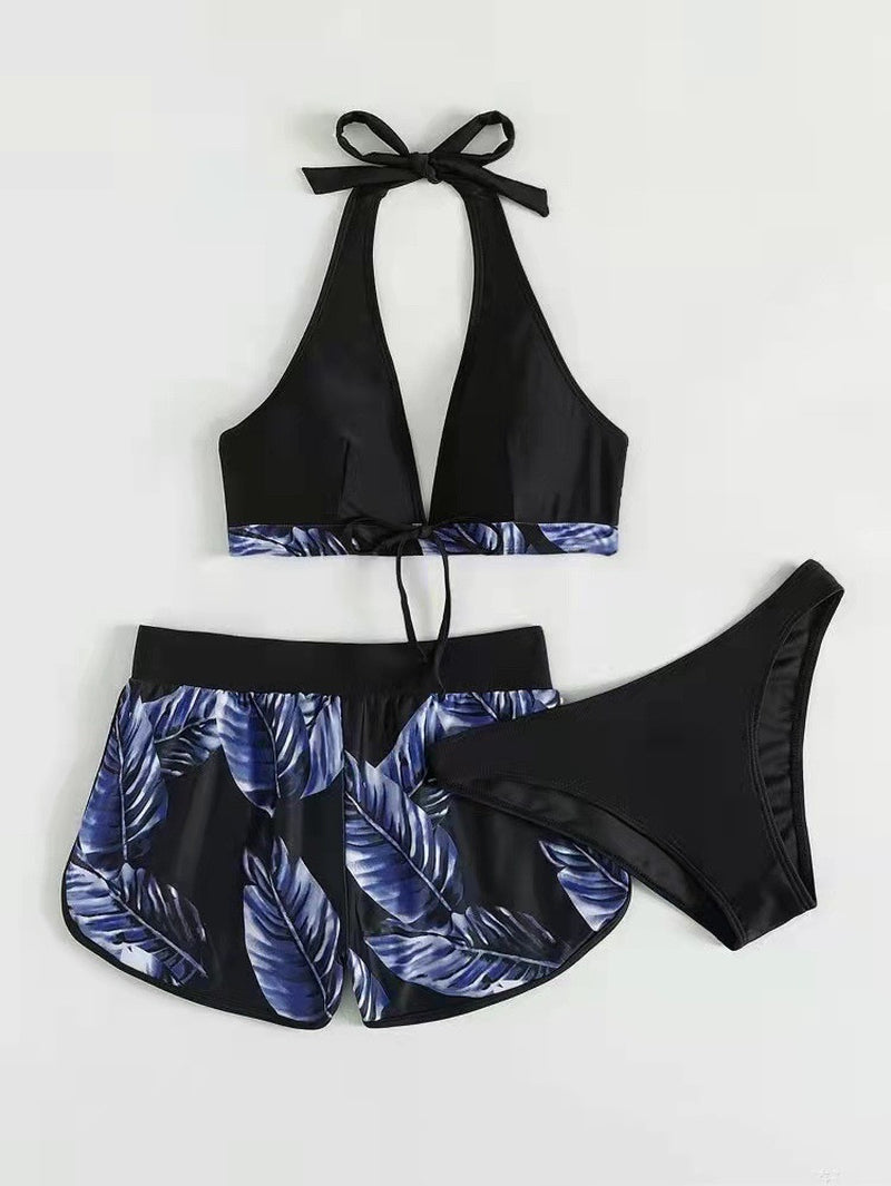 3Pcs Leaf Print Bikini with Shorts Fashion Summer Beach Swimsuit Womens Clothing