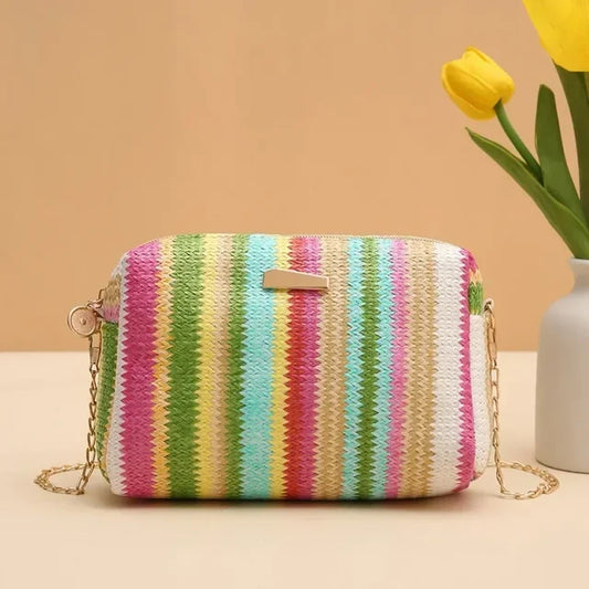 Rattan Knitting Women Straw Bag Beach Summer Chain Small Purse and Handbag Female Shoulder Crossbody Bags Travel Design Flap Bag