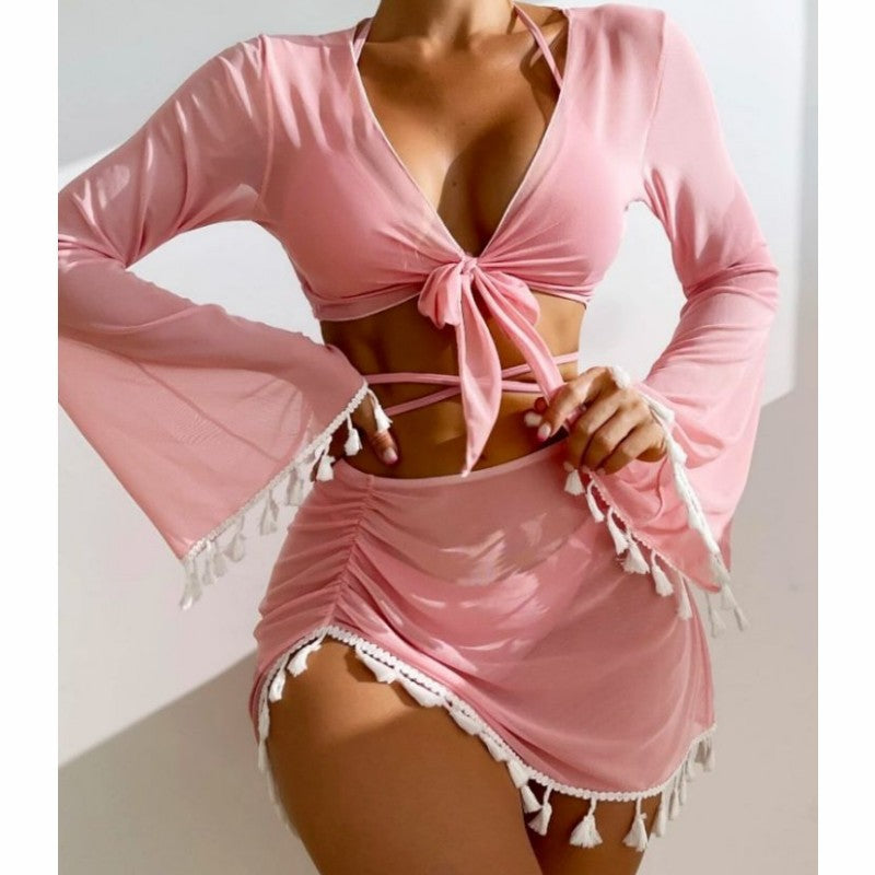 4Pcs Solid Color Bikini with Short Skirt and Long Sleeve Cover-Up Fashion Bow Tie Fringed Swimsuit Set Summer Beach Womens Clothing