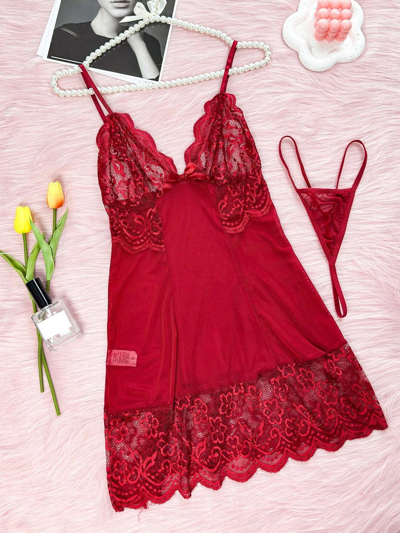 2Pcs Women Sexy Red Hollow Out Perspective Printed Lace Cami Dress and Triangle Panties Set